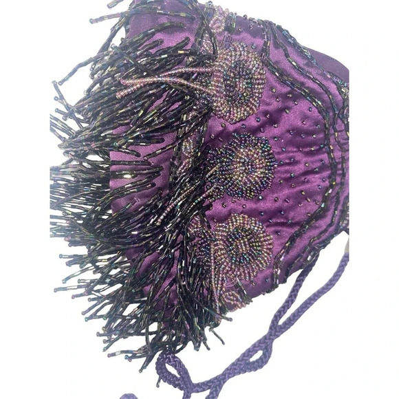 Vintage Kate Laundry Purple SCALLOPED SILK EVENING BAG Beaded Fringe Sequins - Picture 11 of 16